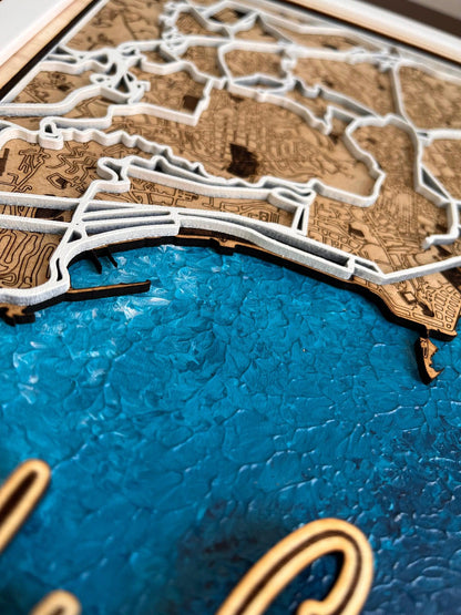 Blue Water Bliss - Individuelle Laser Cut Map mit handgemaltem Wasser